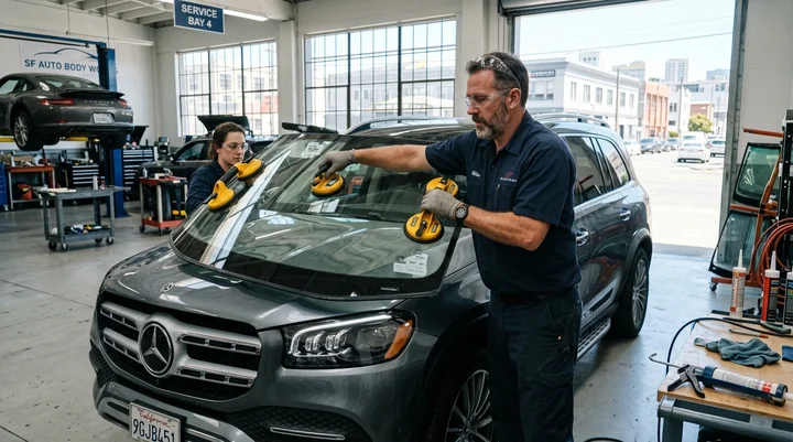 Technician installing an OEM windshield with specialized suction tools at Lombard Auto Body in San Francisco
