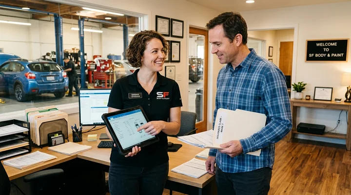Collision estimator discussing insurance claim details with a customer at Lombard Auto Body in San Francisco